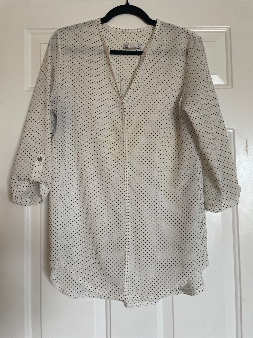 Polka Dot V-Neck Tunic Blouse - White with Black Dots